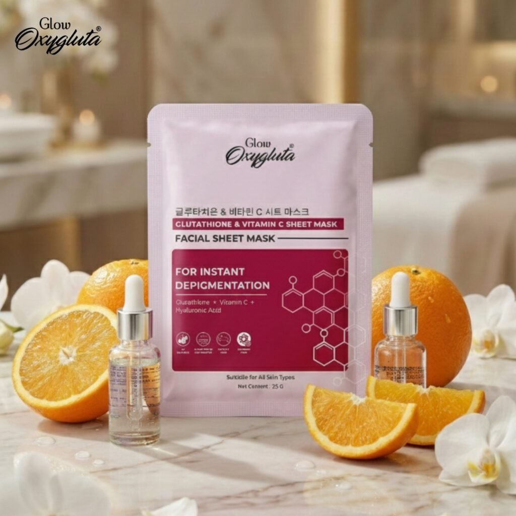 Glow Oxygluta Glutathion & Vitamin C facial sheet mask, Best for all type skin Doctore recommanded and best facial sheet mask which enhance glow on your skin