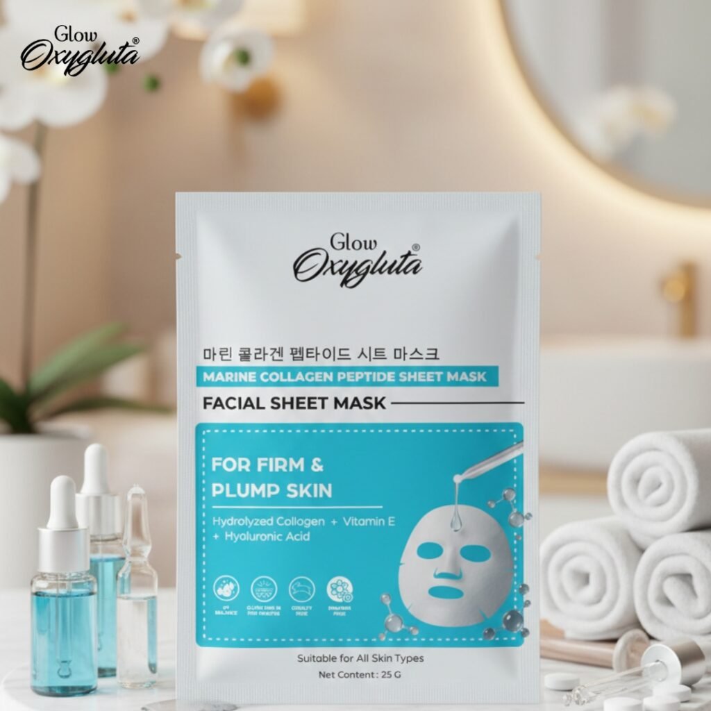 Glow Oxygluta Collagen peptide facial sheet mask, Best for all type skin Doctore recommanded and best facial sheet mask which enhance glow on your skin
