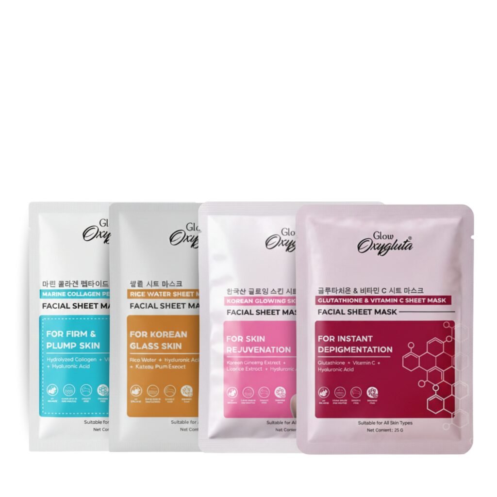 Glow Oxygluta Facial sheet mask range 1. Glow Oxygluta korean Facial sheet mask 2. Glow Oxygluta Glutathione & Vitaimin C Facial Sheet Mask 3. Glow Oxygluta Rice Water Facial Sheet Mask 4. Glow Oxygluta korean glowing facial sheet mask Glow Oxygluta facial sheet by trusted by dermatologyst & sell but premium resellers