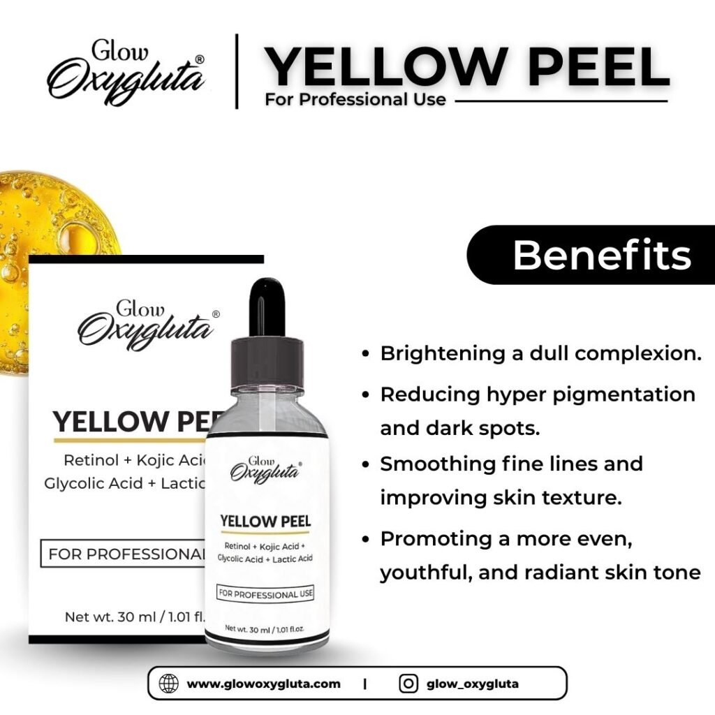 Glow Oxygluta Yellow Peel for professional use | Yellow peel, professional chemical peel, Retinol peel, Glycolic acid peel, hyperpigmentation treatment, melasma peel, Kojic acid skin peel, clinic use skincare.