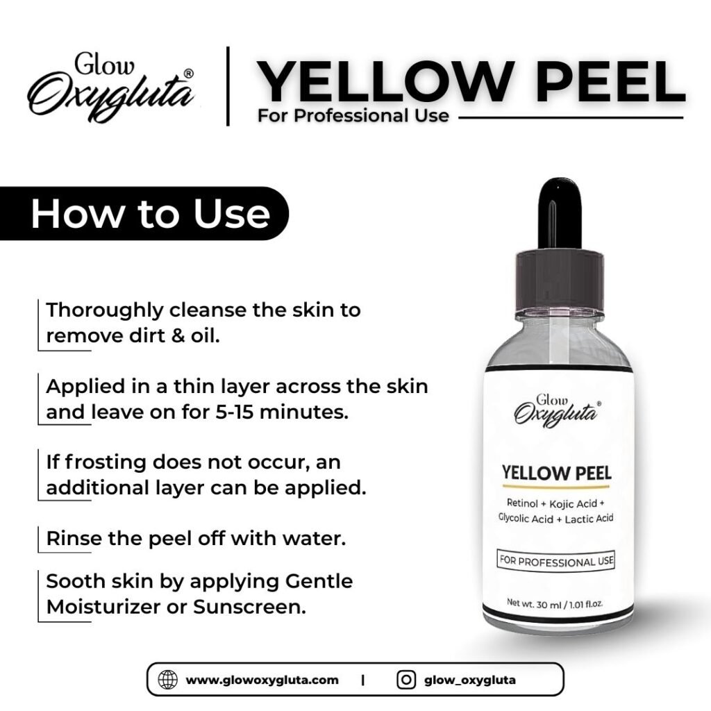 Glow Oxygluta Yellow Peel for professional use | Yellow peel, professional chemical peel, Retinol peel, Glycolic acid peel, hyperpigmentation treatment, melasma peel, Kojic acid skin peel, clinic use skincare.