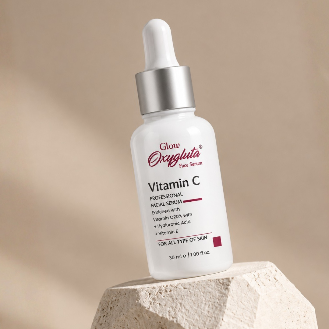 Glow Oxygluta Vitamin C Face Serum is a professional facial serum enriched with 20% Vitamin C, Hyaluronic Acid and Vitamin E. It helps improve the appearance of dullness, dark spots and uneven skin tone while providing hydration for smoother, brighter and more radiant-looking skin.